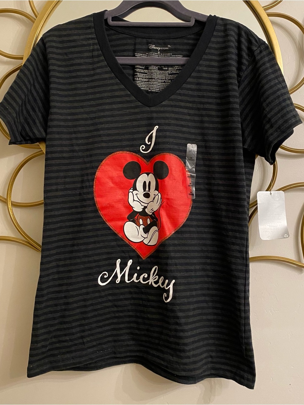Disney Store Mickey Mouse Striped V-Neck T-Shirt Women’s M Black Gray Disneyland